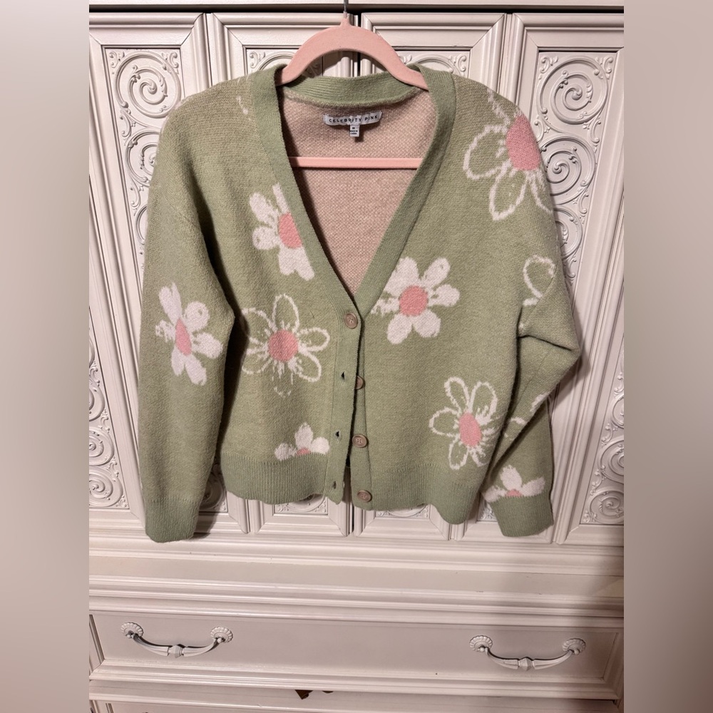 Green floral cardigan. Size medium. Button up.